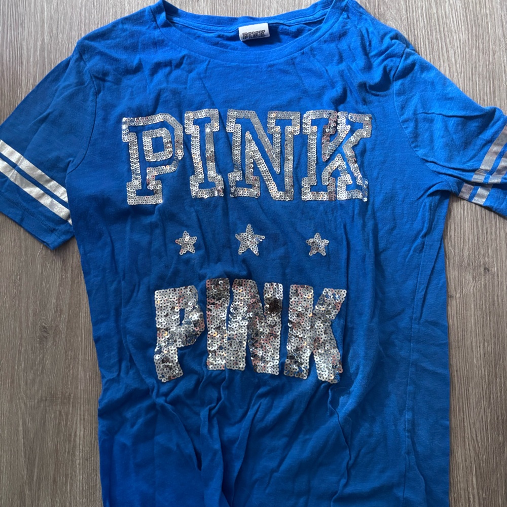 PINK Victoria's Secret Blue Tee with Silver Sequin Accents